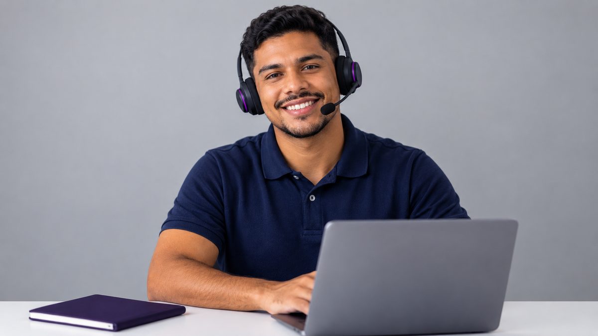 Atendente da FlexiPay sorrindo com headset diante do notebook