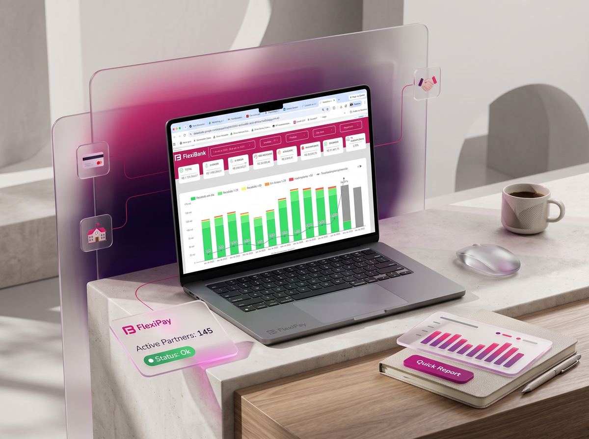 Dashboard da FlexiPay mostrando indicadores financeiros da escola em um notebook