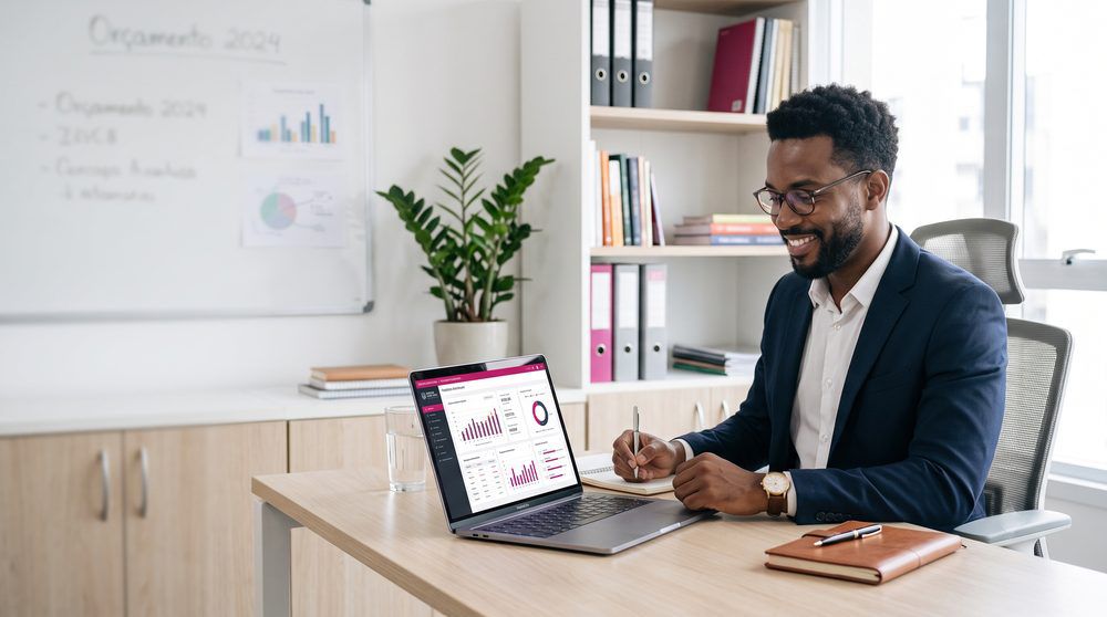 Gestor financeiro acompanhando os indicadores da escola em um notebook
